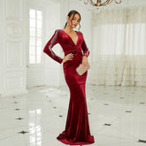 Elegant Long Sleeve Long Velvet V neck Annual Party Party Evening Dress Bridesmaid Dress